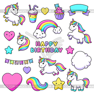 Unicorns and party items. Happy birthday - vector image