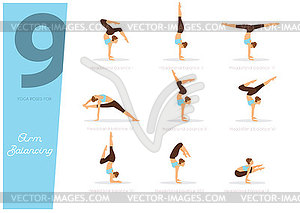 9 Yoga poses for arm balancing - vector image