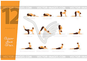 12 Yoga poses for upper back pain, - vector image