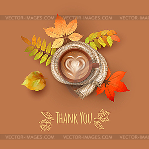 Autumn thank you card with cup of coffee and fall - vector clipart