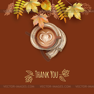 Autumn thank you card with cup of coffee and fall - vector image