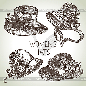 Elegant vintage ladies set. Sketch women hats. Retro - vector image