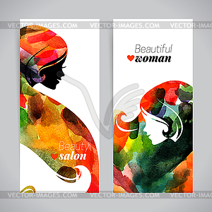 Set of banners with watercolor beautiful girl - vector image