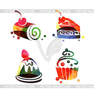 Set of watercolor sweet cake silhouettes. tea time - vector clip art
