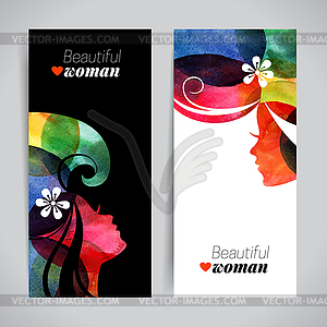 Set of banners with watercolor beautiful girl - vector image