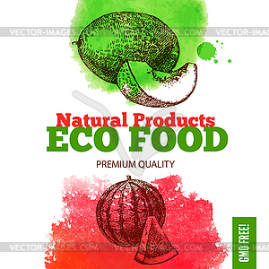 Eco food menu background. Watercolor and sketch - stock vector clipart
