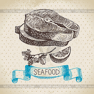 Vintage sea background. sketch seafood illustr - vector image