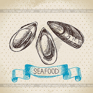 Vintage sea background. sketch seafood illustr - vector clipart