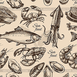 Sketch seafood seamless pattern. Vintage style - vector EPS clipart