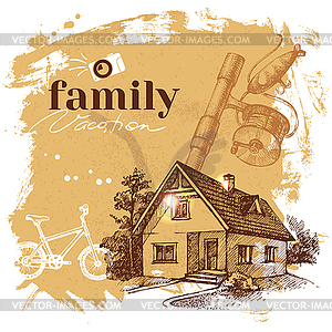 Vintage sketch family vacation background. Getaway - vector image
