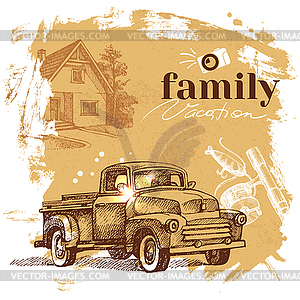 Vintage sketch family vacation background. Getaway - vector clip art