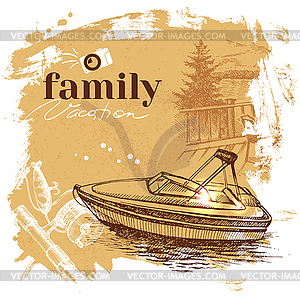 Vintage sketch family vacation background. Getaway - vector image