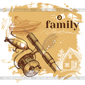 Vintage sketch family vacation background. Getaway - vector clipart