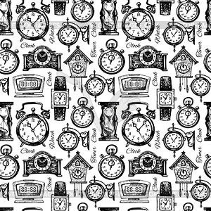 Clocks and watches. Vintage sketch seamles - vector clip art