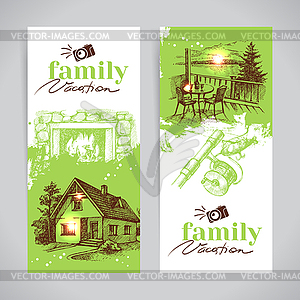 Family vacation vintage banner set with sketch - vector clipart / vector image