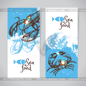 Sketch seafood banners. Sea background set. Me - vector clipart