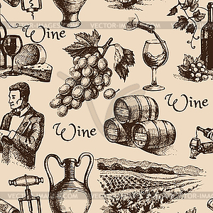 Вино старинные эскиз бесшовный узор - изображение в векторном виде