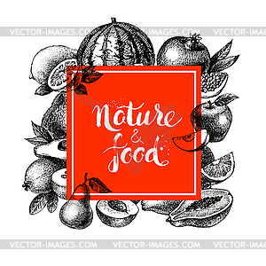 Eco natural food menu background. Sketch fruits - vector clipart