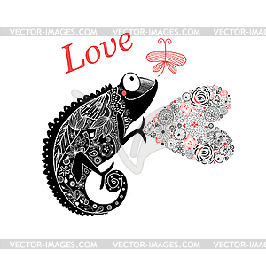 Graphic enamored chameleon with heart and butterfly - vector image