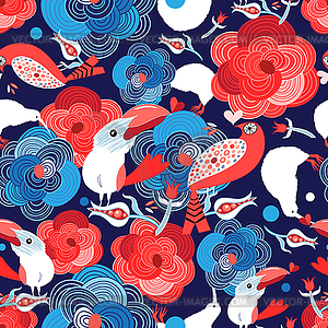 Seamless bright pattern with flowers and birds in - vector clipart