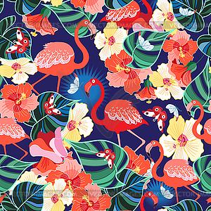 Bright seamless pattern of tropics flamingos and - vector image