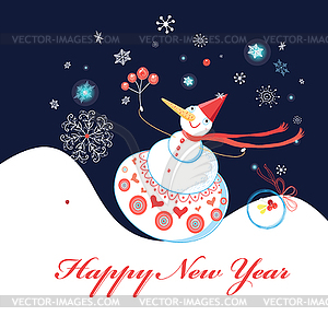 Greeting christmas card with snowman on dark blue - vector image