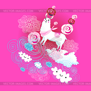 Funny animals on white Alpaca with rose background - vector clipart