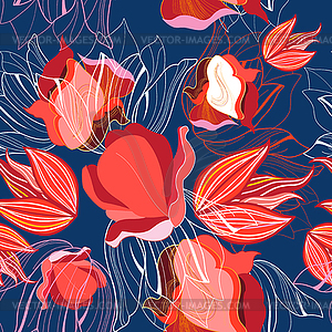 Seamless bright pattern of red tulips against dark - color vector clipart