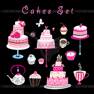 Set of sweet cakes and pastries - vector clipart