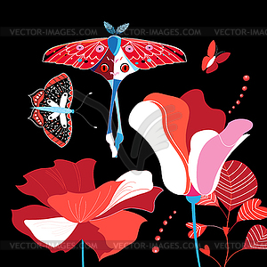 Brightly colored flowers and butterflies - vector image