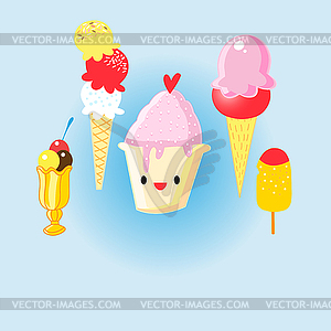 Graphic set of cheerful delicious ice cream - vector EPS clipart