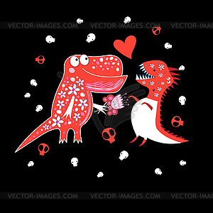 Праздничная открытка влюбленных динозавров - векторный клипарт EPS