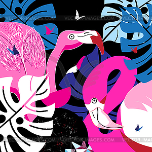 Pink flamingos in tropical jungle - vector clip art
