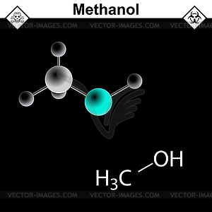 Chemical formula and model of methanol molecule - vector clip art
