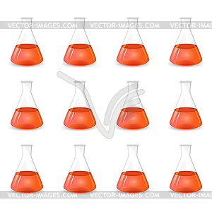 Red conical flasks, scientific background - vector clipart