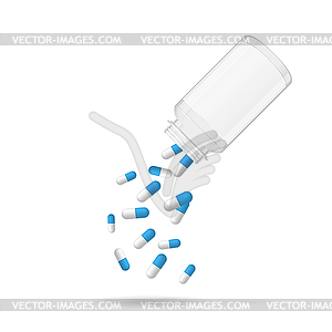 Opened medical pill box with falling pills - vector clipart