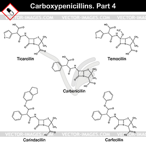 Chemical structures of carboxypenicillins - vector clipart