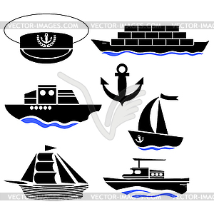 Sea Ships Silhouettes. Anchor Icon. Captain Hat Icon - vector clip art