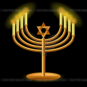 Gold Menorah with Burning Candles - vector clipart