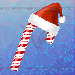 Sweet Red Candy Cane and Hat of Santa Claus - vector image