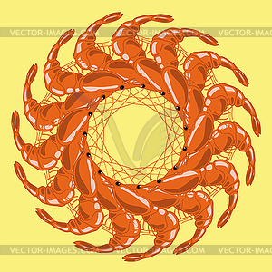 Cooked Red Shrimps on Yellow Background - vector clipart