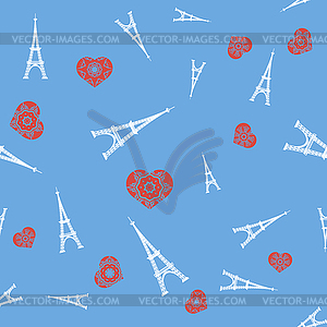 White Tower and Red Heart Seamless Pattern - vector image