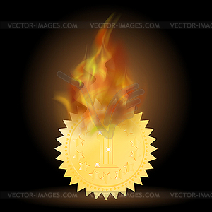 Burning Gold Medal Icon with Fire Flame - vector clip art