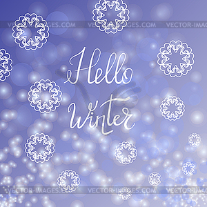 Hello Winter Lettering on Blue Sky Background - vector clipart