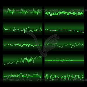 Установлены зеленые звуковые волны. Экран эквалайзера - векторное изображение