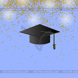 Black Graduation Cap on Confetti Background - vector image