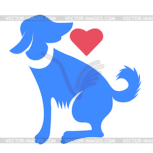 Silhouette of Blue Dog with Red Heart - vector clipart