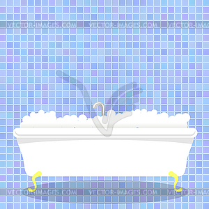 Retro White Bathtub with Foam on Blue Mosaic Wall - vector clipart
