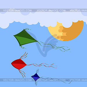 Kites Flying in Blue Sky with Sun and Clouds. - vector image