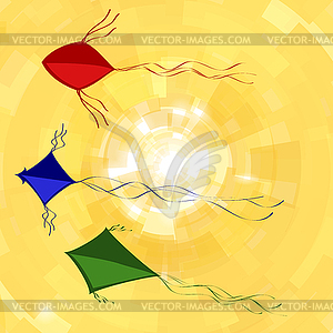 Colored Kites Flying in Sky with Sun. Freedom - vector clipart